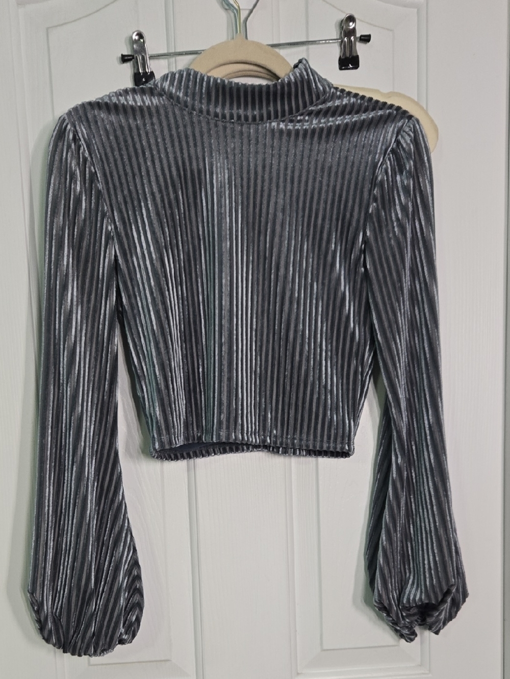 Lovers + Friends Silver Gray Velvet Ribbed Long-Sleeve Crop Top